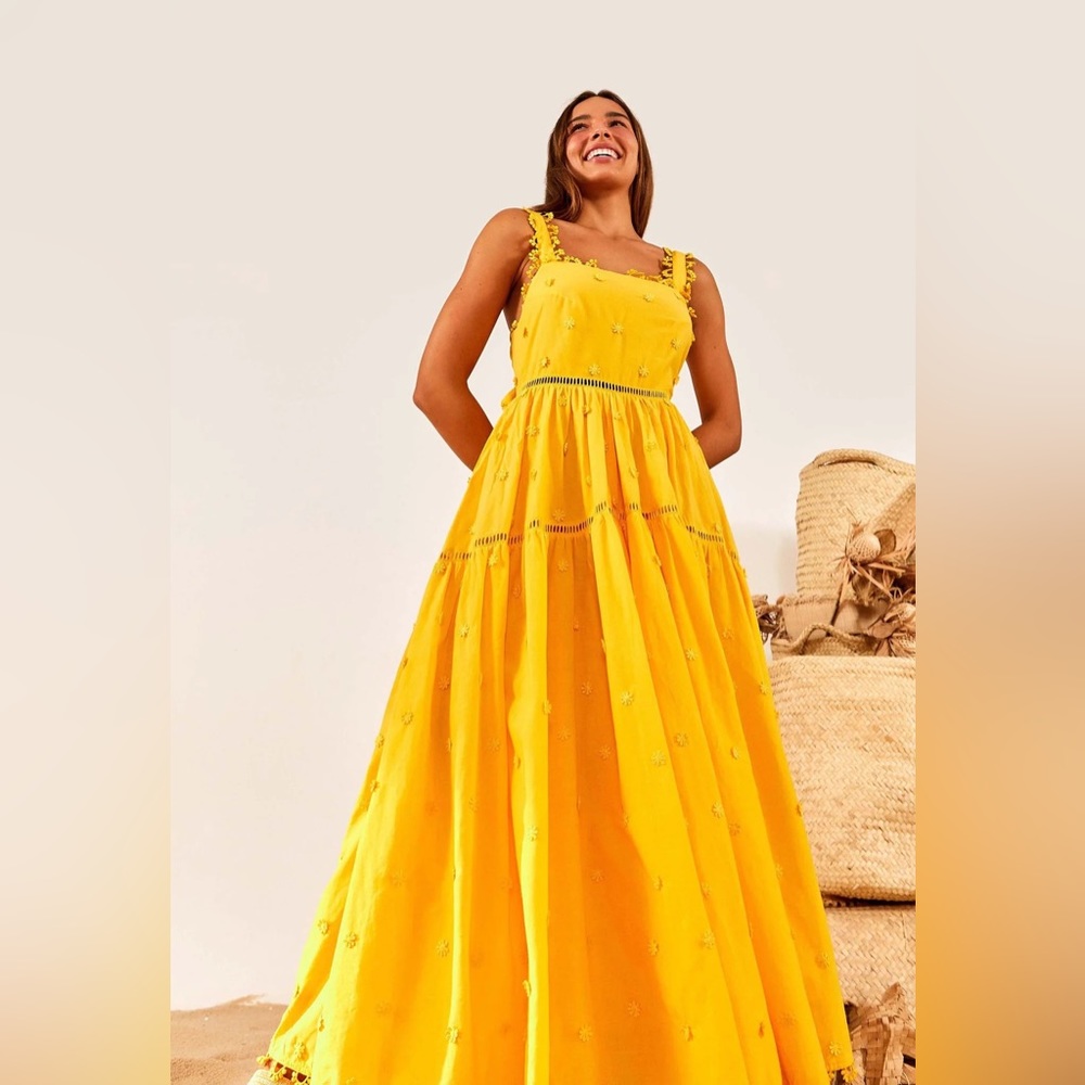 FARM RIO Yellow 3D Flowers Midi Dress